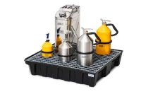 Kleingebindewanne base-line aus Polyethylen (PE), mit Ablauf und verzinktem Gitterrost, 70 Liter, 800 x 782 x 160 mm