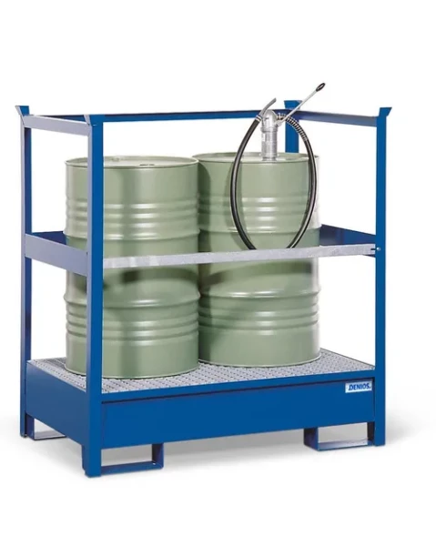 Gefahrstoffstation 2 P2-R aus Stahl, für 2 Fässer à 200 Liter, mit Rahmen, stapelbar, 1390 x 900 x 1440 mm