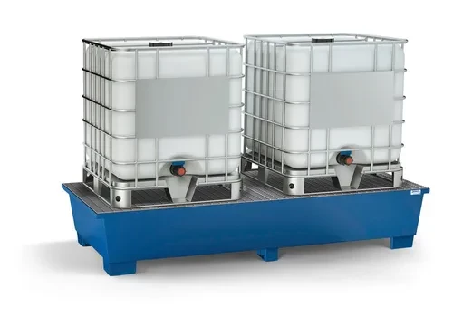 Auffangwanne classic-line aus Stahl für 2 IBC, lackiert, 2 Gitterrosten, 2200 x 1300 x 590 mm