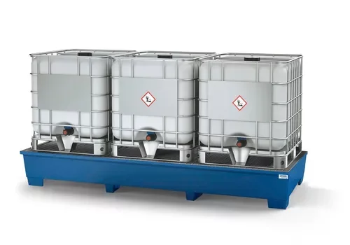 Auffangwanne classic-line aus Stahl für 3 IBC, lackiert, 3 Gitterrosten, 3280 x 1300 x 430 mm
