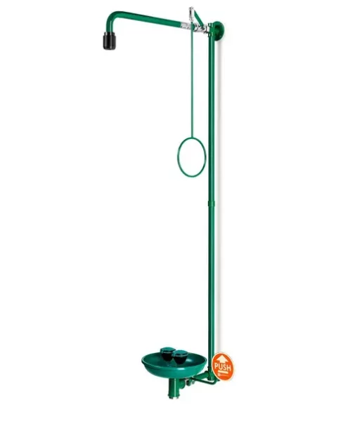 Körperdusche mit Augendusche mit Auffangbecken, grün, Wandmontage, BR 867085, DVGW